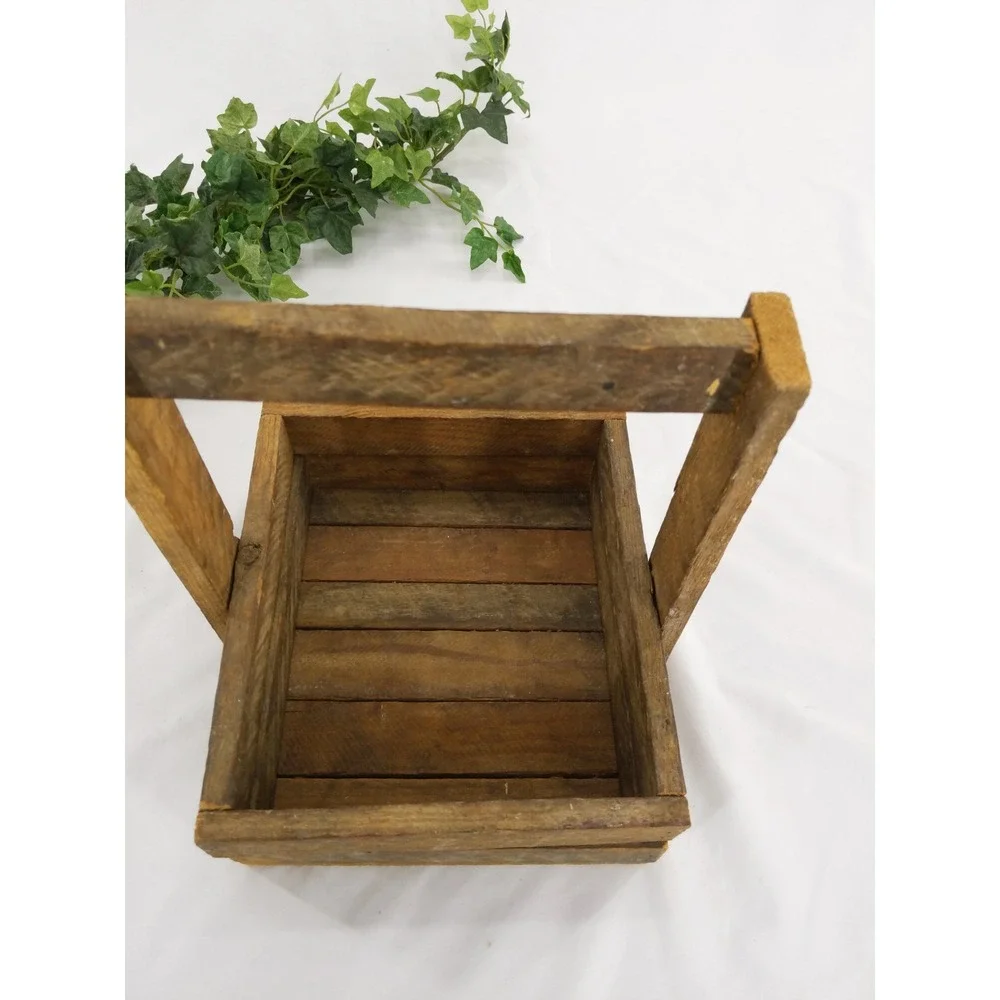 vtg Handmade Rustic Wooden Farmhouse‎ Crate Carry Basket Decor Planter Holder